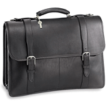 black steerhide triple gusset flapover briefcase with buckled straps