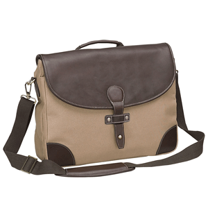 sand colored canvas messenger bag with leather flap and trim