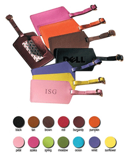 leather luggage tags in an assortment of traditional and bright fashion colors