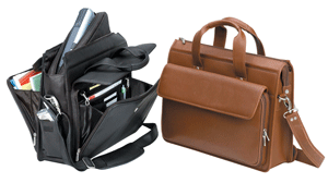 open and closed views of leather computer organizer brief bags