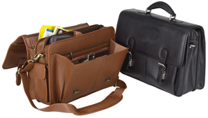 open and closed views of black and tan double gusset attache cases