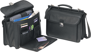 open and closed views of black leather double-sided laptop case