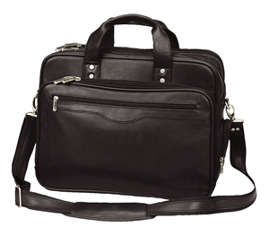 black leather computer brief with shoulder strap