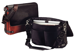 leather and nylon laptop briefcases shown in black and rust