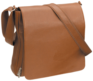 open and closed views of tan leather vertical brief bags