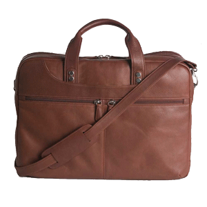 brandy-colored multi-pocket leather briefcase