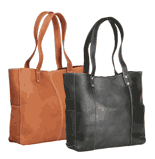 black and tan Napa leather totes with riveted straps