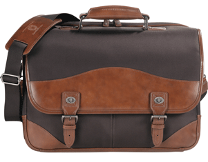 brown leather and nylon computer messenger bag
