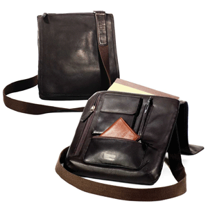 open and closed views of leather European-style messenger bag