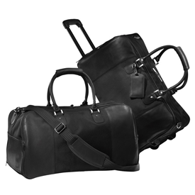 black and brown nylon and leather rolling travel duffels