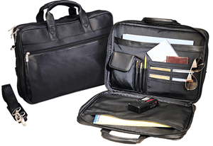 open and closed views of black Napa leather slim briefcase